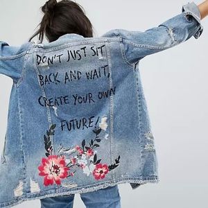 “create your own future”longline denim jacket